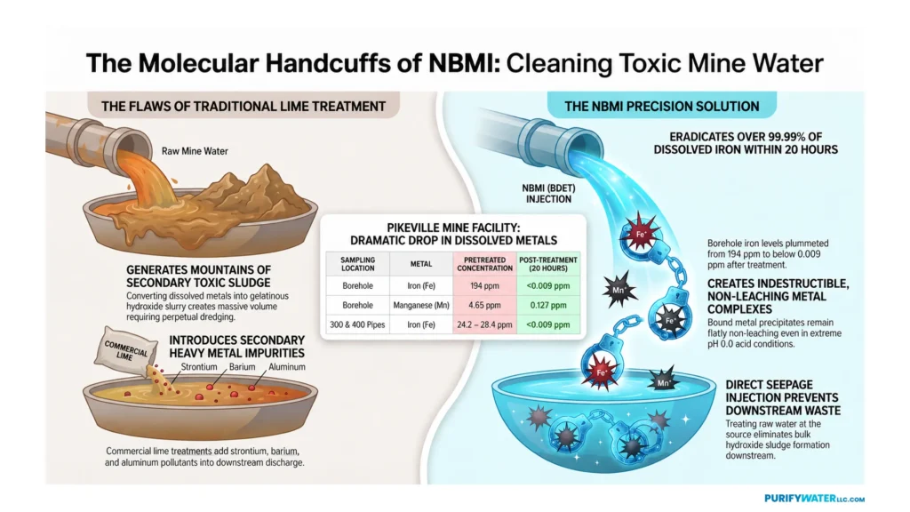 The Molecular Handcuffs of NBMI: Cleaning Toxic Mine Water infographic comparing lime treatment with NBMI (BDET)